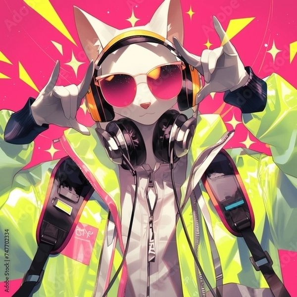 Fototapeta Fantasy character with a cat head and headphones, a reflective jacket, and colorful design. Created with Generative AI technology