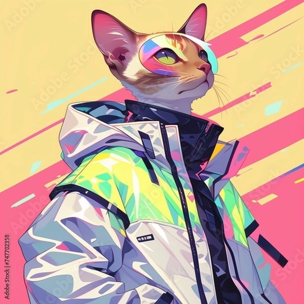 Fototapeta Fantasy Character with a cat head, reflective jacket, and colorful design. Created with Generative AI technology