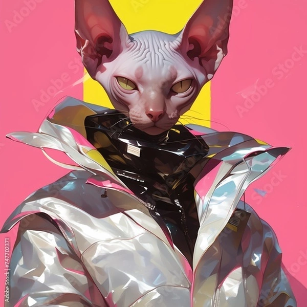Fototapeta Fantasy Character with a cat head, reflective jacket, and colorful design. Created with Generative AI technology