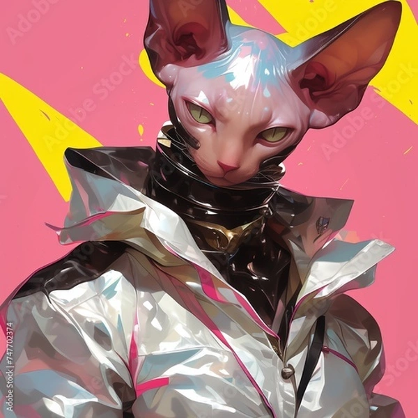 Fototapeta Fantasy Character with a cat head, reflective jacket, and colorful design. Created with Generative AI technology