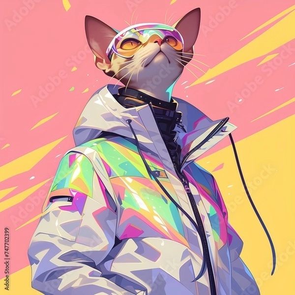 Fototapeta Fantasy Character with a cat head, reflective jacket, and colorful design. Created with Generative AI technology