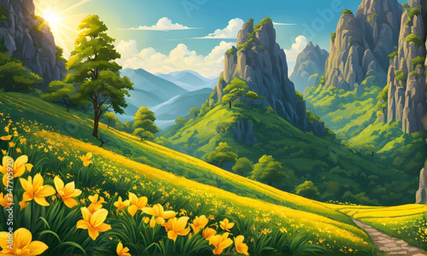 Obraz landscape with flowers and mountains