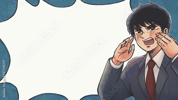 Obraz 劇画コミック風・大声で応援する派遣社員の吹き出しバナー