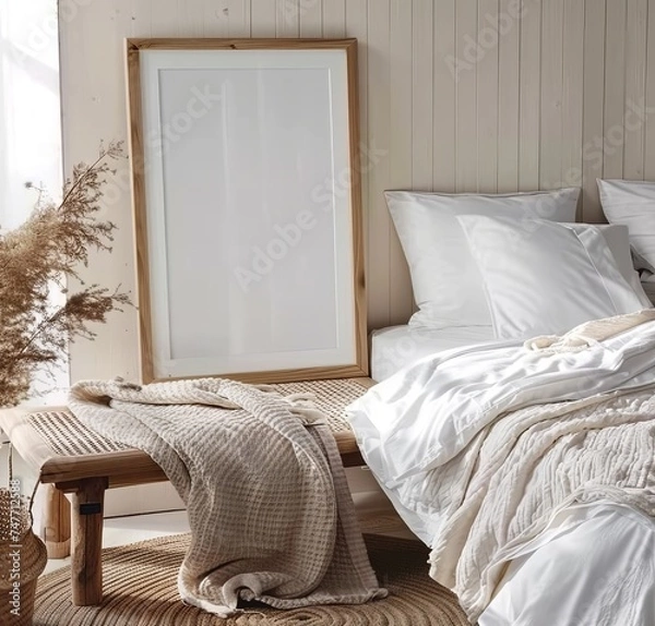 Fototapeta Poster Frame Mock-Up - Cozy Home Interior with Coastal Style Bedroom, Presented in 3D Render. Made with Generative AI Technology