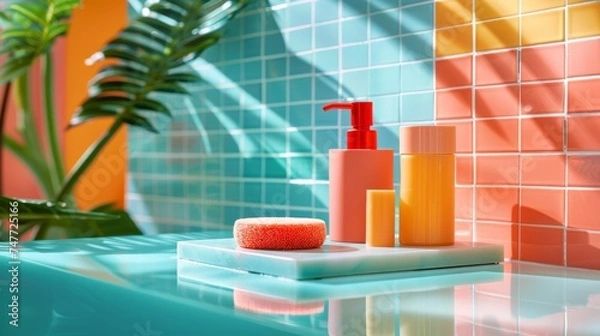 Fototapeta Stylish bathroom setup with orange and yellow accessories on a vibrant blue-tiled countertop, complemented by tropical foliage, colorful bathroom accessories on tiled counter.
