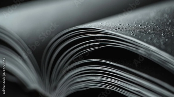 Fototapeta Close-up view of a black open book with water droplets on the pages, highlighting the delicate texture of the paper, macro shot of water droplets on open book.