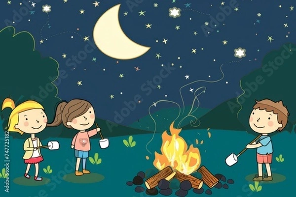Fototapeta Cartoon cute doodles of kids roasting marshmallows and making s'mores around a campfire at night, Generative AI