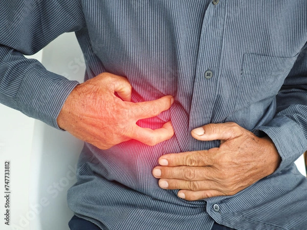 Obraz Man with abdominal pain appendicitis. Medical concept. 