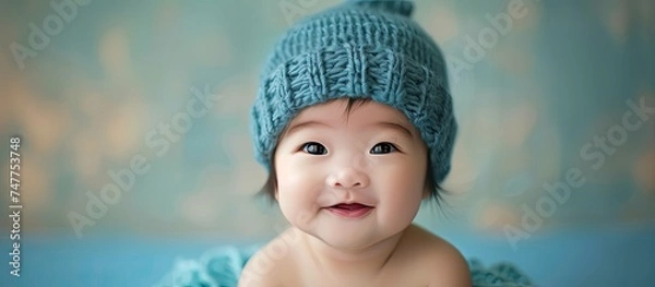 Fototapeta A baby boy with Asian features is wearing a soft blue knitted hat, adding an extra touch of cuteness to his adorable appearance.