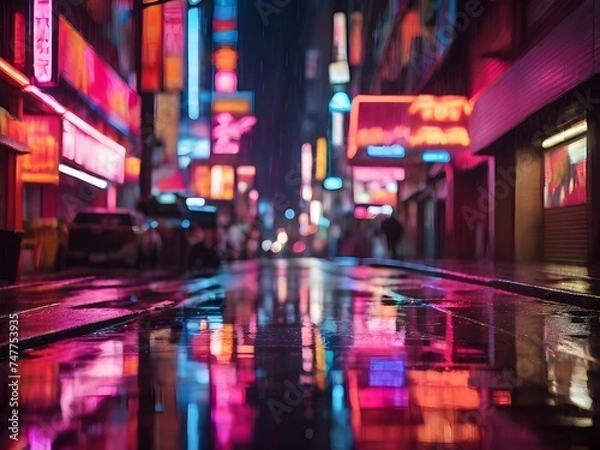 Fototapeta Bright neon signs reflecting on a rain-soaked street at night, creating a kaleidoscope of colors against the darkness Generative AI