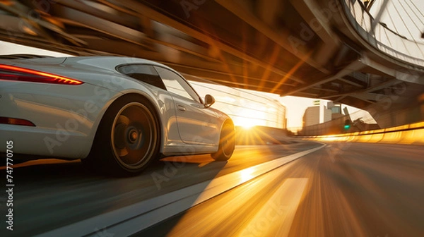 Fototapeta Close-up of White Sports Car Driving on Road highway, Speed Motion Blur at Morning or Sunset, Rear View of Luxury Supercar Racing on street, a car moving fast on a motorway