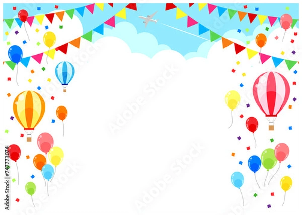 Fototapeta 風船、気球、空、雲、背景、イラスト、かわいい、ガーランド、旗、横型