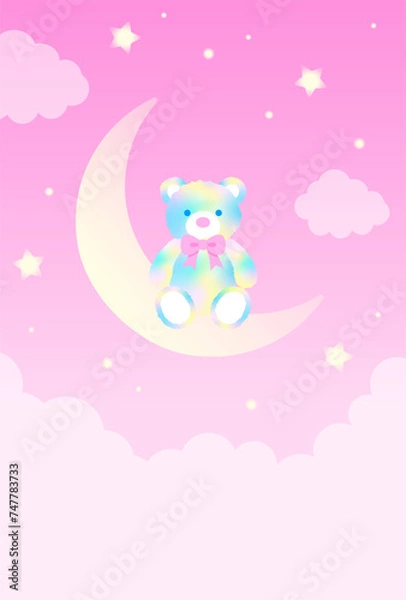 Fototapeta vector background with a rainbow teddy bear on the crescent moon in the sky for banners, cards, flyers, social media wallpapers, etc.