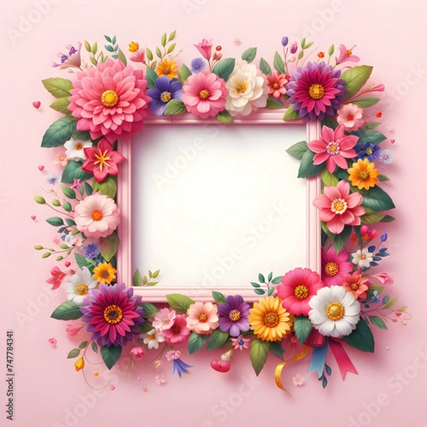 Fototapeta Frame of flowers with pink background ,center is empty for message 