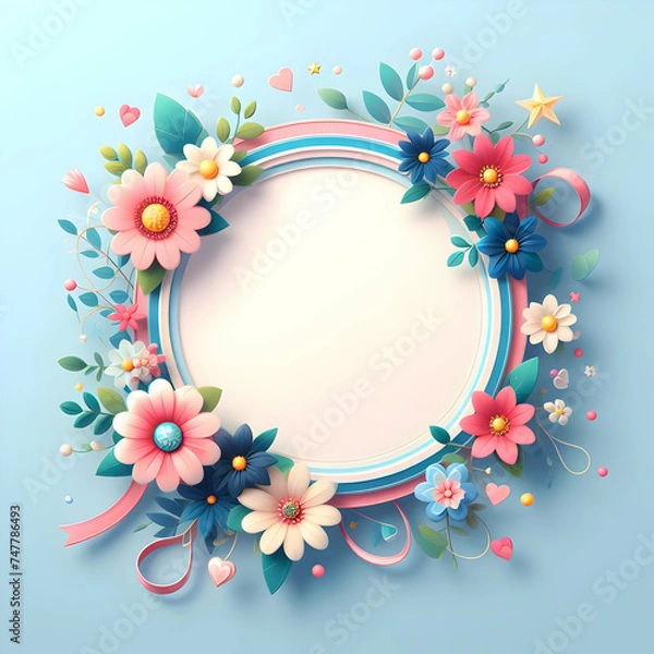 Fototapeta frame of flowers with blue background ,center is empty for message 