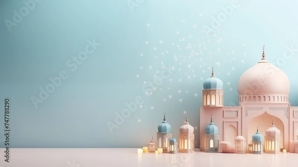 Fototapeta Ramadan kareem and eid fitr islamic concept background lantern illustration with mosque for wallpaper, poster, greeting card and flyer.