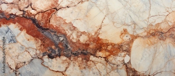 Obraz A detailed view of a marble surface featuring intricate patterns in shades of brown and white. The natural veining and color variations of the marble create a visually captivating texture.