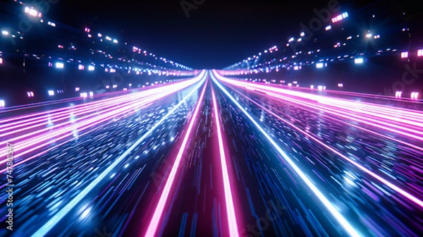 Obraz High-Speed Motion on Night Highway, Abstract Light Trails in Dark, Futuristic Transportation and Technology Concept