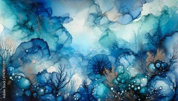 Obraz Abstract fluid art paint in concept underwater seascape by alcohol ink fluid texture in deep blue and turquoise tone.