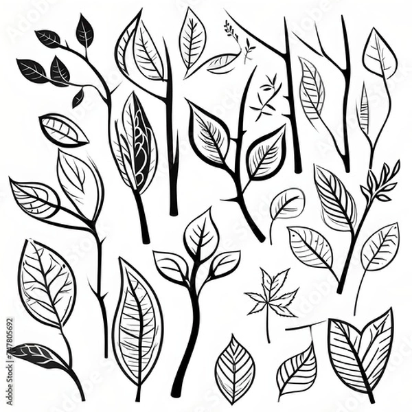 Fototapeta twig, leaf, tree, black and white vector style illustration in vector style