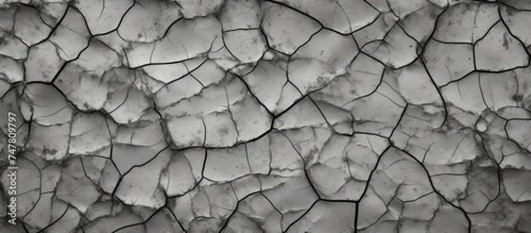 Fototapeta A close-up view of a cracked surface in black and white, showcasing the intricate patterns and textures created by the weathering over time. The cracks are deep and jagged,