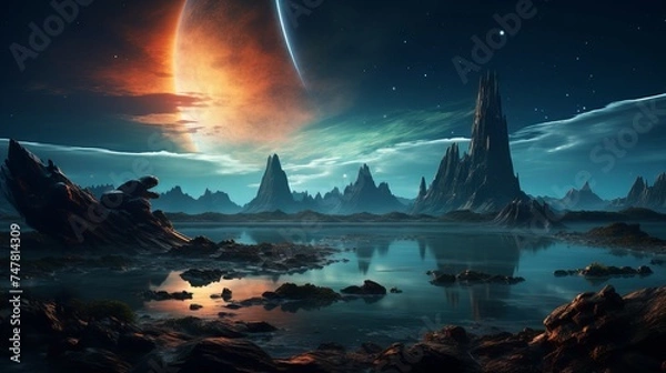 Fototapeta Vibrant Alien Planet Fantasy Landscape with Ample Copy Space, Canon RF 50mm f/1.2L USM Captured 3D Illustration