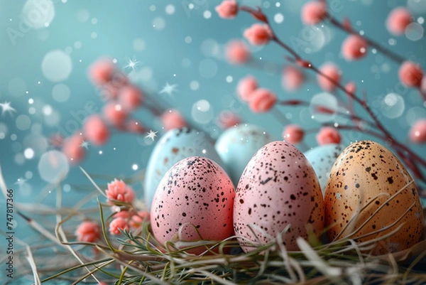 Fototapeta Easter themed card in light colors with colorful colored solid eggs,Easter concept