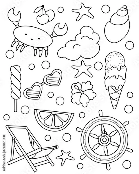 Obraz Summer set. Coloring page, black and white vector illustration.