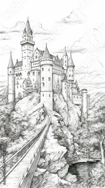 Fototapeta vertical black and white coloring. medieval castle. coloring concept, black and white, cartoon, towers, medieval, castles, children's books