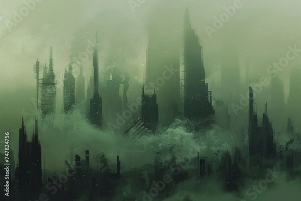 Fototapeta Surreal depiction of a city enveloped in toxic smog, with towering skyscrapers barely visible through the haze
