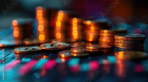 Fototapeta Row of piles of gold coins with stock charts, for finance and business concepts and growth.