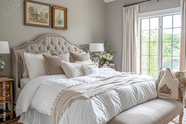 Fototapeta Elegant bedroom interior with plush bedding and neutral tones. Home comfort and design.