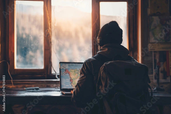 Fototapeta Digital Nomad man with backpack doing business on laptop at Sunset in Mountain Cabin. Concept of remote work, freedom and freelance.