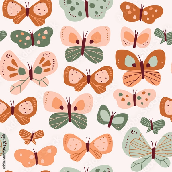 Fototapeta Vector abstract butterfly seamless pattern design. Funny collage butterfly collection. Summer insect pattern for fabric or wallpaper. Kids print design.