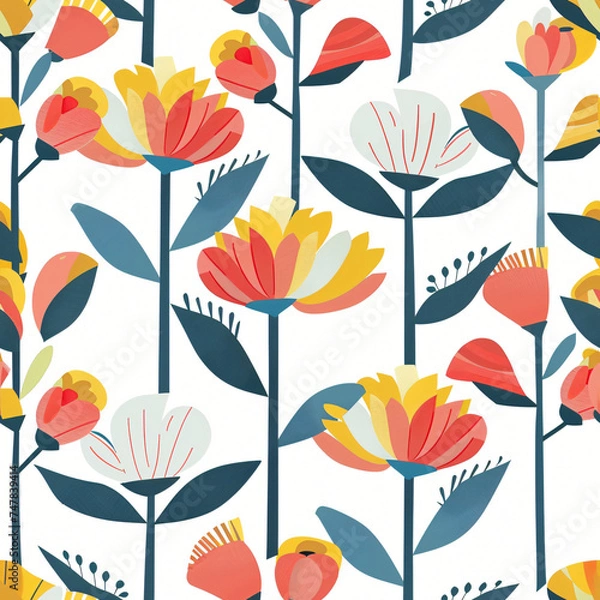 Fototapeta Field of geometric flowers with leaves on white background