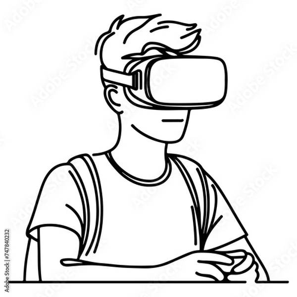 Fototapeta single continuous drawing black line art linear boy using virtual reality headset simulator glasses to learn new technology