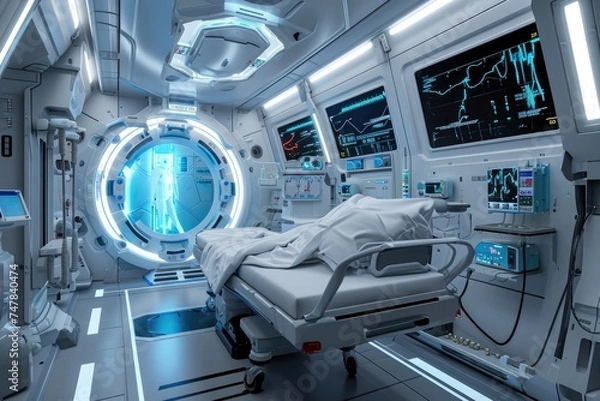 Fototapeta This photo depicts a hospital room with a bed and monitors displaying the patients vital signs, Sci-fi medical room in a space vessel, AI Generated