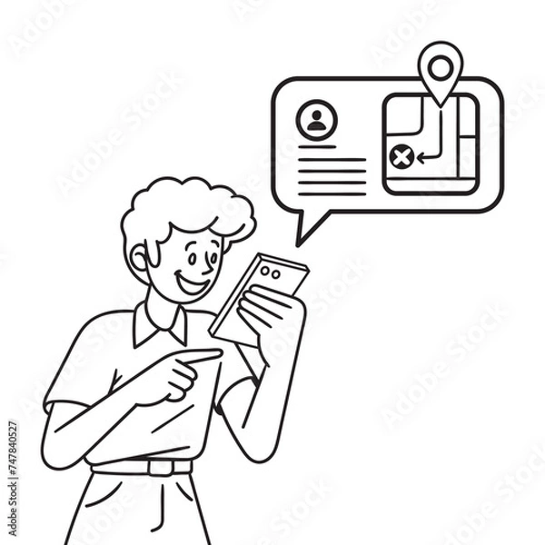 Obraz man looks at his cell phone and looks for the way. Navigation vector monochrome outline cartoon