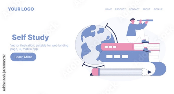 Obraz Self Study. Web Landing Page Design. Flat Cartoon Vector Illustration. Vector illustration, suitable for web landing page, ui, mobile app.