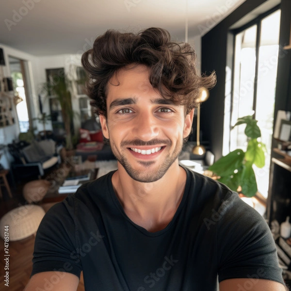 Obraz Selfie picture of a happy young handsome man in his new apartment