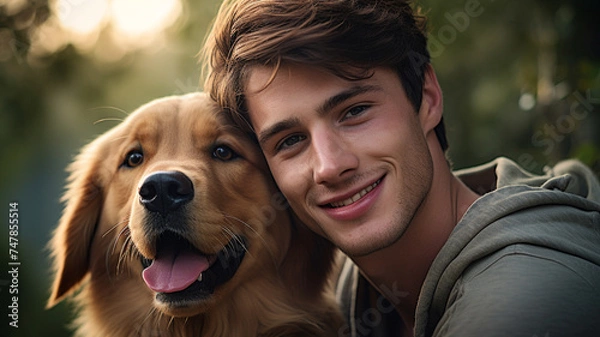 Obraz 犬を可愛がる男性
