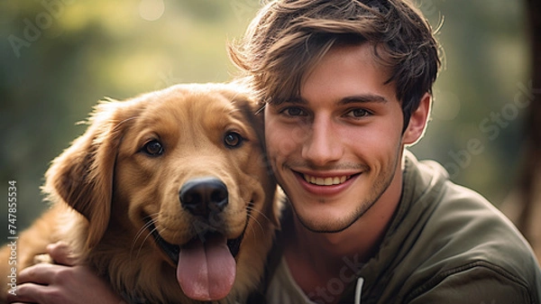 Obraz 愛犬と寛ぐ男性
