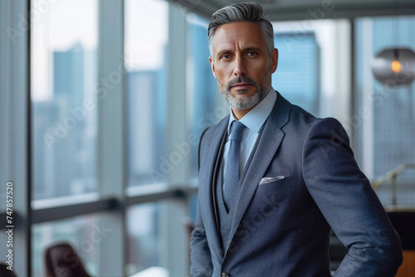 Fototapeta Handsome and confident mature businessman wearing suit in office with city skyline view