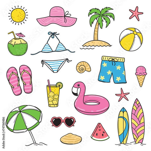 Obraz Set of colorful summer and beach theme doodle elements