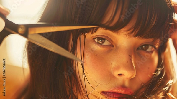 Obraz ハサミを持つ若い女性
