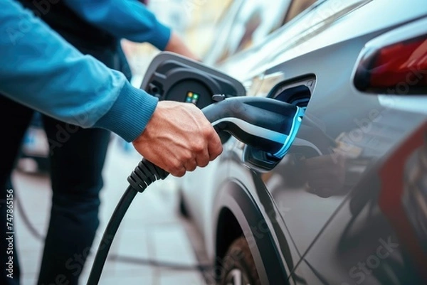 Fototapeta A person wearing a blue shirt pumps gas into a silver sedan at a busy gas station, Up close image of hands plugging a charger into an electric vehicle, AI Generated