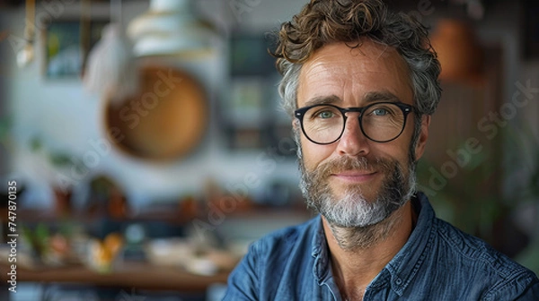Obraz A sophisticated older man with glasses poses for a portrait with a stylish and comfortable atmosphere in a café