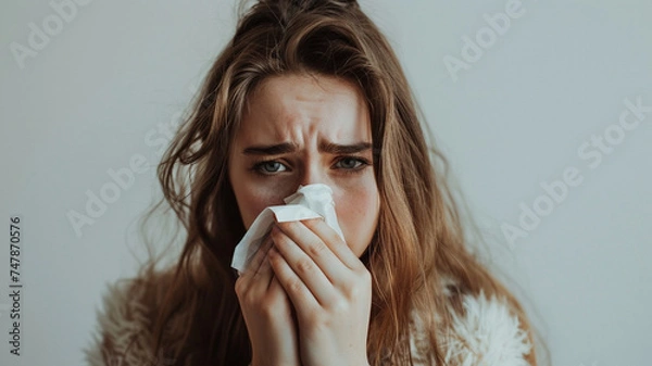 Obraz 鼻をかむ若い女性

