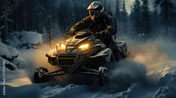 Fototapeta A man in a helmet rides a snowmobile against the backdrop of a snowy forest.