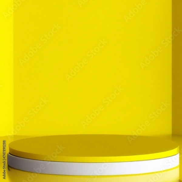 Obraz 3D rendering of an empty room with interior design or a vibrant background featuring a yellow pedestal display. The blank stand is ideal for showcasing products.